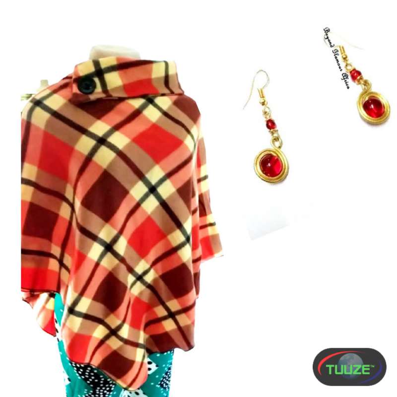 Womens Red Multicolor Poncho with earrings