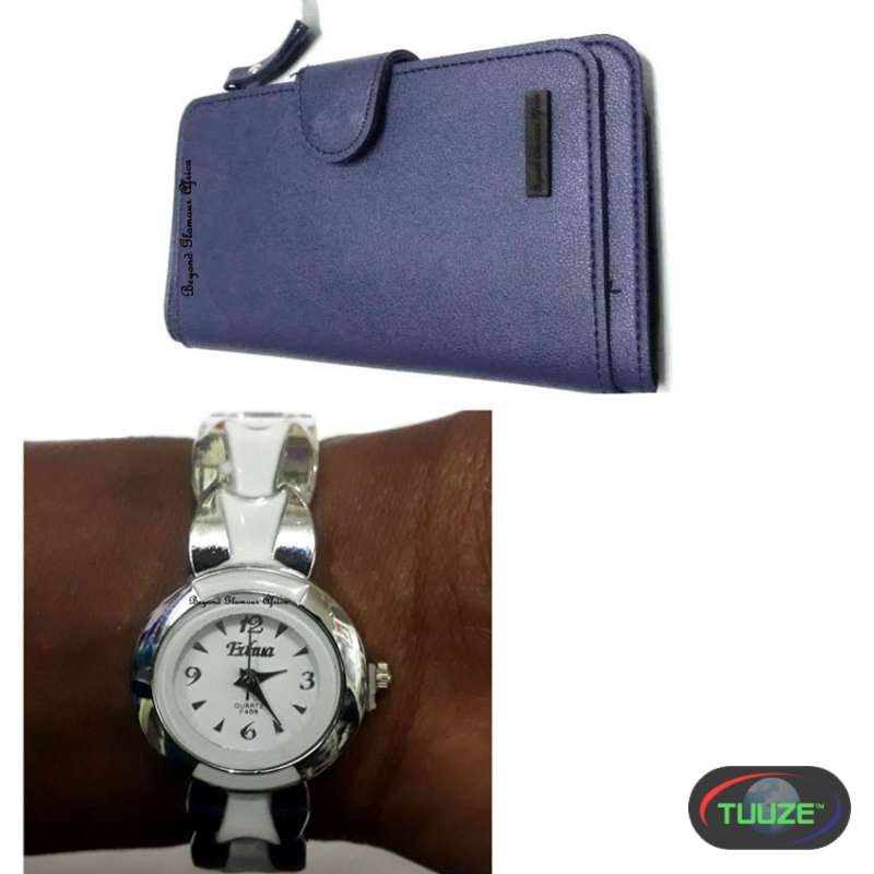 Womens Silver watch with blue leather wallet