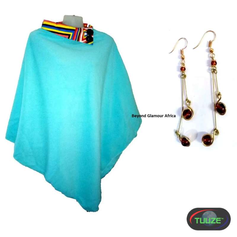 Womens Teal cotton poncho and dangle earrings