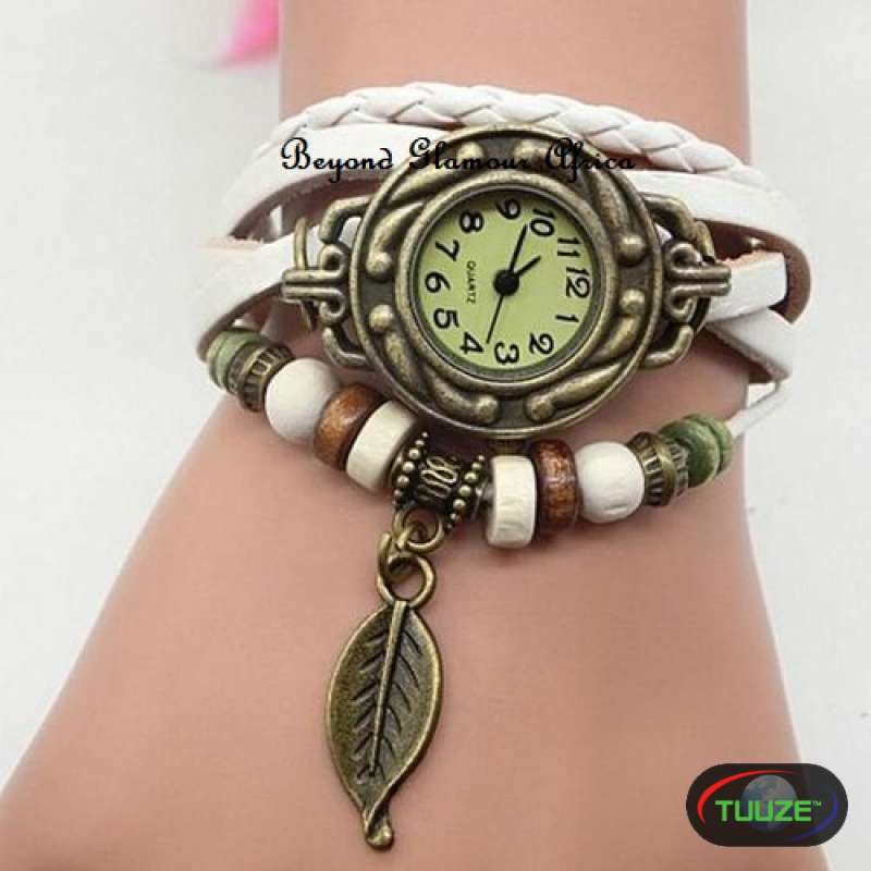 Womens White leather bracelet watch with earrings