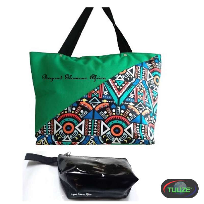Womens green ankara canvas handbag with pouch