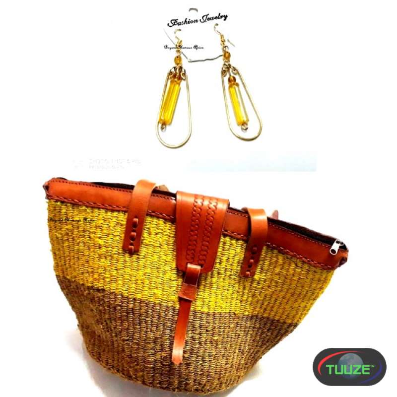 Womens yellow sisal kiondo with earrings